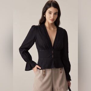 NWT RIHOAS | black long sleeve ruffle blouse lightweight feminine sz medium